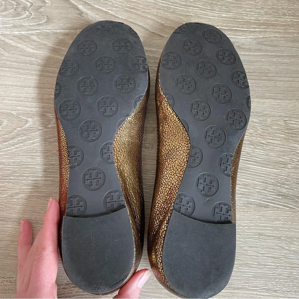 Tory Burch Reva Travel Ballet Flats Bronze Metallic Pebbled Leather Size 7